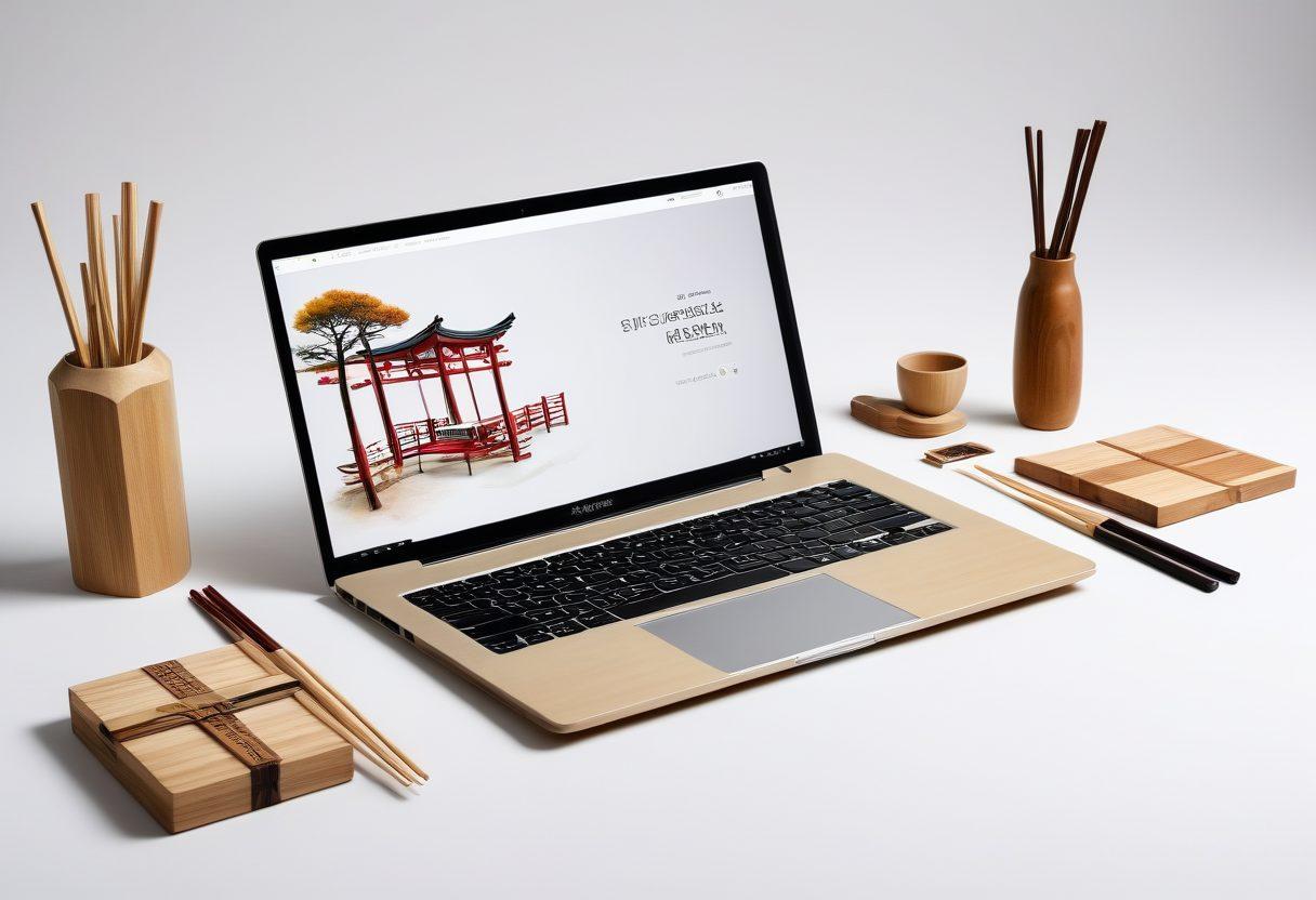A stylish Asian-themed setup with an open laptop displaying a chopstick shopping website, surrounded by various intricately designed chopsticks, some traditional and others modern. Include a few boxes and packaging to highlight variety and quality. Soft, warm lighting to emphasize convenience and comfort. super-realistic. vibrant colors. white background.