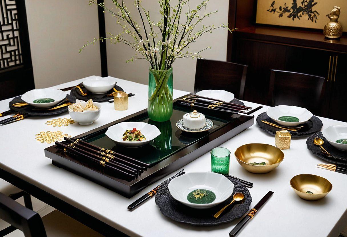 An elegant dining table setting with custom-designed chopsticks sets displayed prominently. Each chopstick set should feature intricate patterns and premium materials like jade, bamboo, and ebony, complemented by delicate gold or silver inlays. Surround the chopsticks with a variety of gourmet Asian dishes in exquisite dishware, evoking a luxurious and personalized dining atmosphere. super-realistic. vibrant colors. white background.